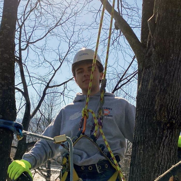Ruppert Landscape Company Scholarship winner Nick Bianchi wearing protective gear while harnessed in a tree