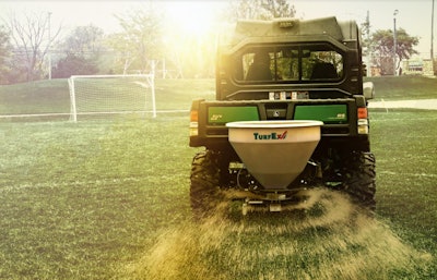 TurfEx seed spreader connected to an ATV