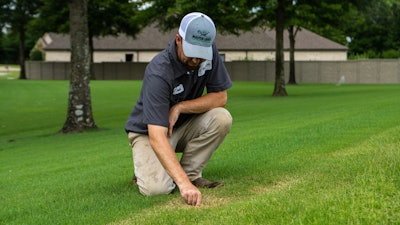 Lawn care professional bending down to survey grass