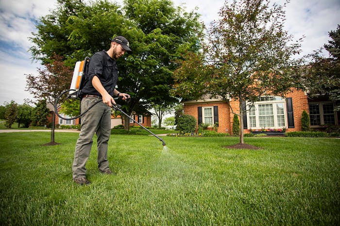 landscape technician spraying a lawn