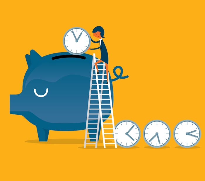 Clipart of a woman putting clock faces into a piggy bank