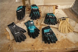 different styles of makita gloves spread across plywood