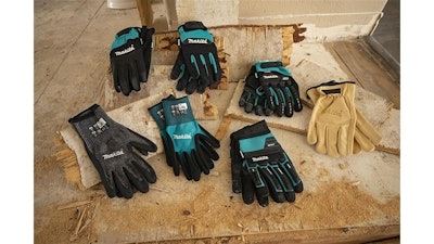 different styles of makita gloves spread across plywood