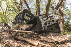 Bobcat MT100 compact utility loader with grapple bucket grabbing branches in woods