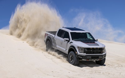 A stock 2023 Ford F-150 Raptor R in avalanche gray.