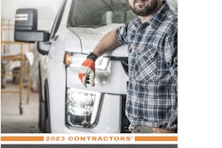 cover Equipment World 2023 Contractors' Pickup Truck Guide worker in yellow hard hat with elbow leaning against front of white pickup