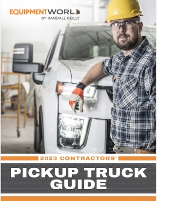 cover Equipment World 2023 Contractors' Pickup Truck Guide worker in yellow hard hat with elbow leaning against front of white pickup