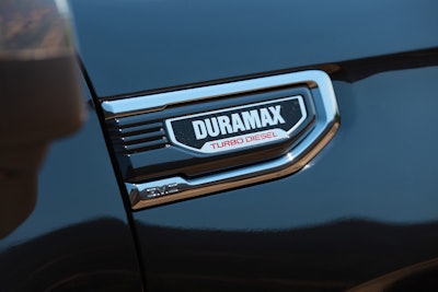 Close-up of 3.0-liter Duramax Turbo-Diesel engine badge on the 2024 GMC Sierra 1500.