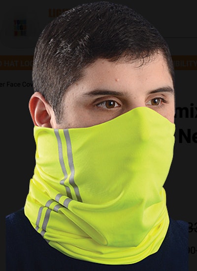 head shot of brown haired man wearing lime green Occunomix face cover gaiter