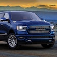 Blue 2020 Ram 1500 Laramie Southwest Edition on desert road mountain background