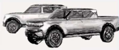 Screenshot of conceptual renderings of the electric Scout SUV and pickup shown recently at the Volkswagen Group Capital Markets Day in Hockenheimring, Germany.