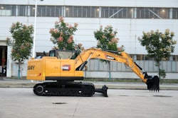 SY135C Sany excavator in parking lot in front of building