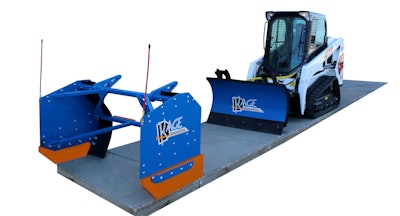 Kage Innovation 54-inch SnowFire snow plow and pusher system on a small compact track loader