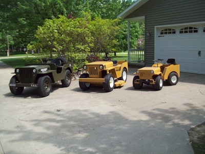 Jeff Malmberg's vintage Struck collection includes the company's former Mini Beeps: from left, the MBA80 amphibious, MB1600 tractor/mower and MB-750 articulating. New Struck owner Greg Linsmeyer is considering bringinb back the mini-Jeeps.