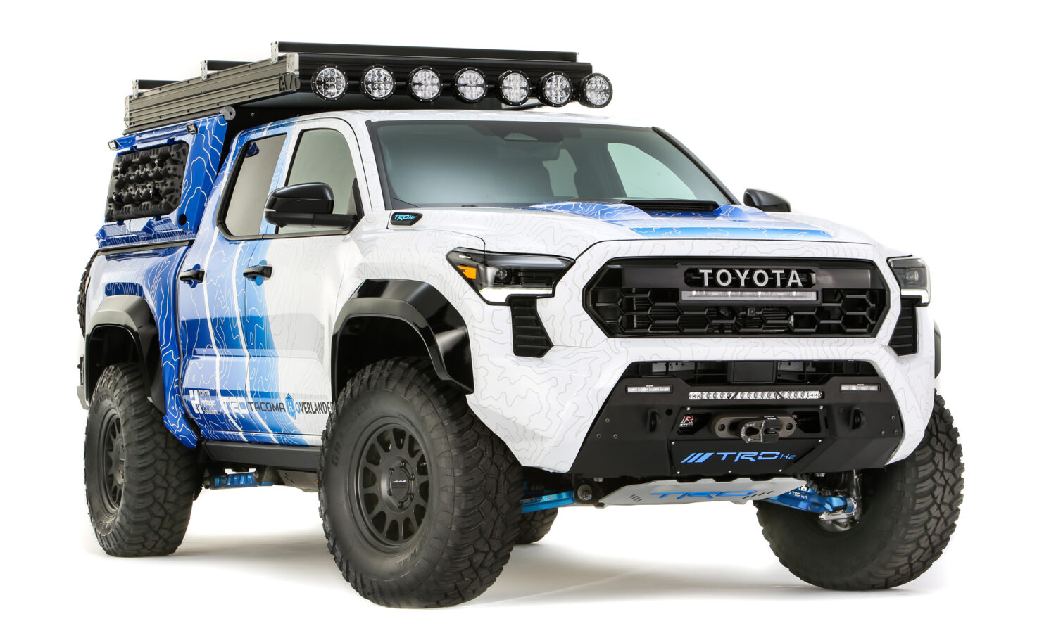 The Toyota Tacoma H2 Overlander Concept runs on hydrogen fuel cells and lithium-ion batteries.
