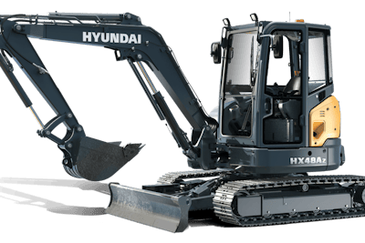 Hyundai's 5-metric-ton HX48Az features 37.7 horsepower, 11 feet 10.5 inches of dig depth and 20 feet of dig reach.