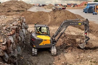 Volvo's new 9-metric-ton ECR90 mini excavator shows off its short tail swing.