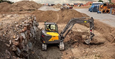 Volvo's new 9-metric-ton ECR90 mini excavator shows off its short tail swing.