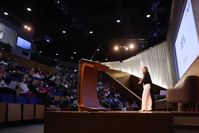 Kamber Parker Bowden speaks to a crowd about the advantages of embracing a multi-generational work environment.