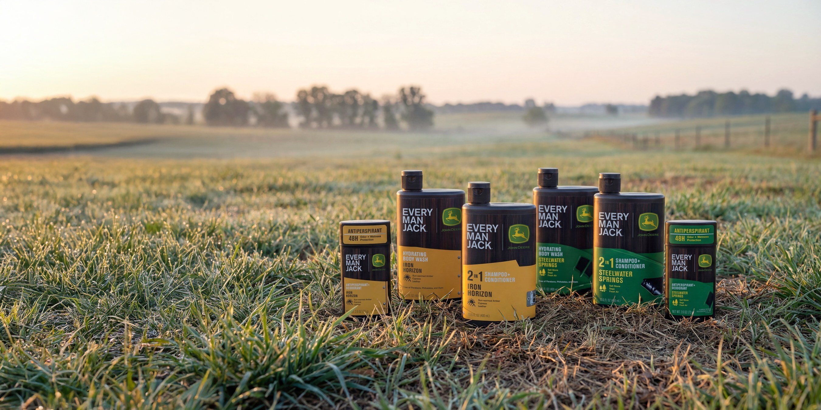 Every Man Jack's new Deere-branded bath products for men come in two scents: Iron Horizon, in yellow packaging for the company's construction equipment, and Steelwater Springs, in green for ag machines.