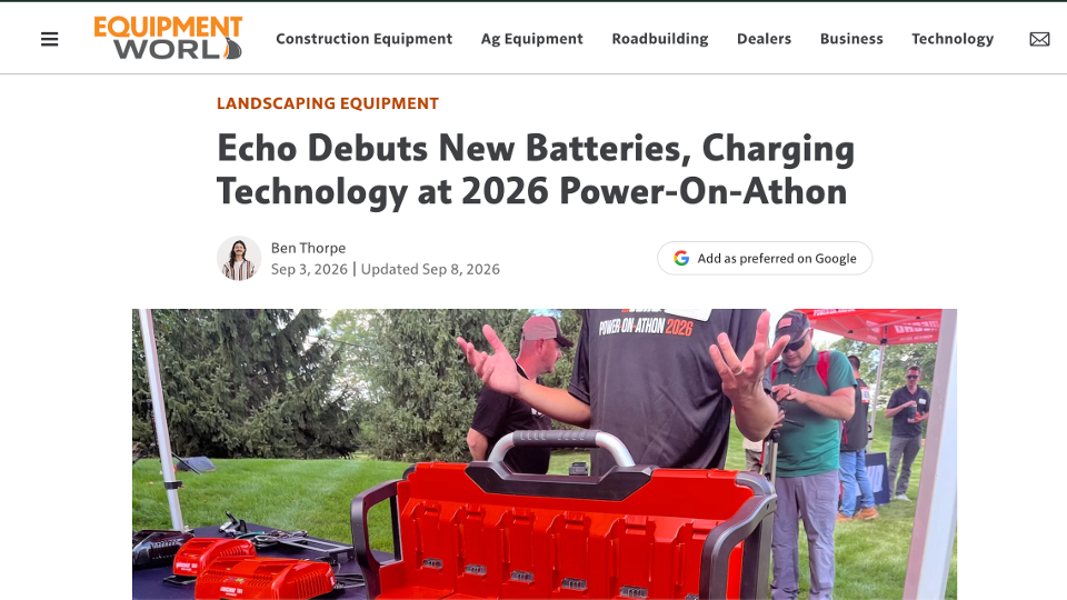 Echo demonstrates new battery-powered landscaping equipment at 2026 Power-On-Athon outdoor event